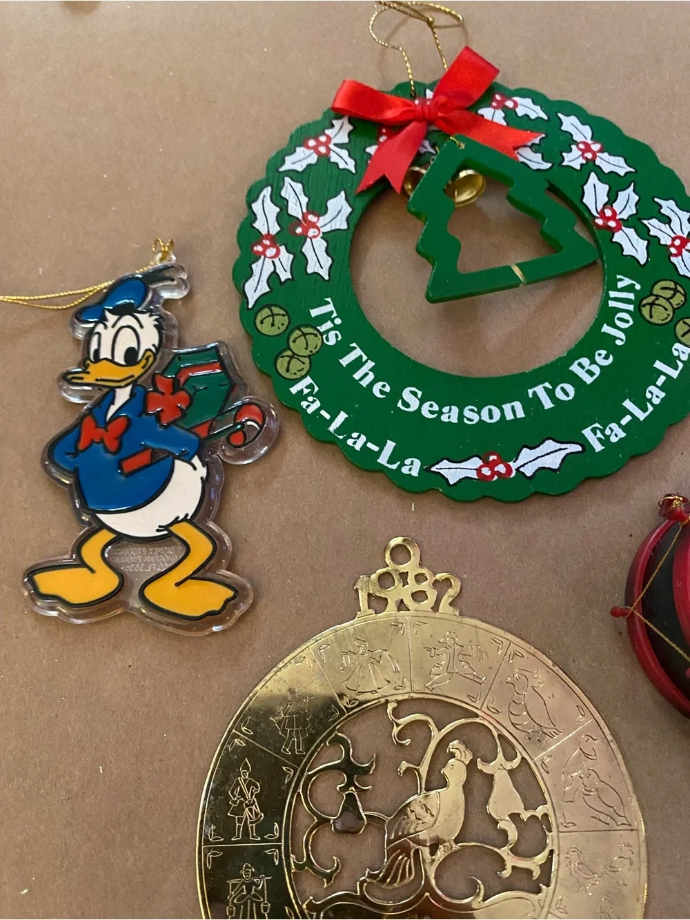 1980s Vintage Christmas Ornaments lot of 4, Donald Duck, Drum, 12 days, wreath